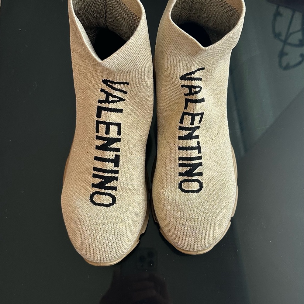 Valentino Tan Ankle Boots with Black Logo